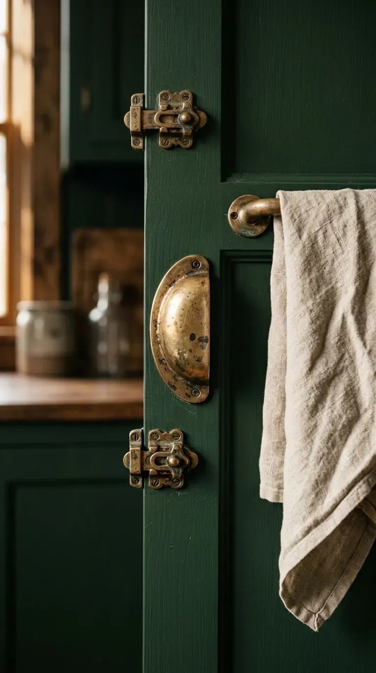 Close-up of heavy unlacquered brass cup pulls on dark green cabinets