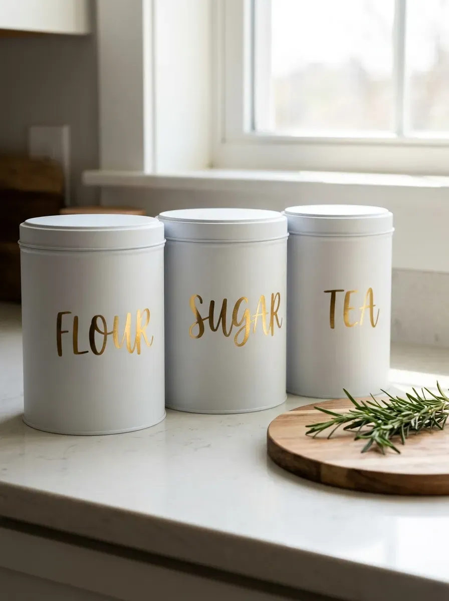 13 Genius Cricut Home Decor Projects You Need to Try 8 Thrifted kitchen canisters painted white with custom gold foil vinyl labels