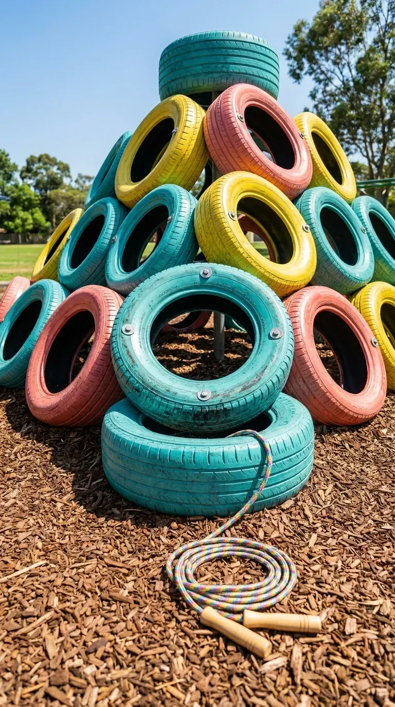 10 Must-Try Fun Outdoor Play Area Ideas Kids Will Love 9 A colorful pyramid of upcycled painted tires used as a climbing wall