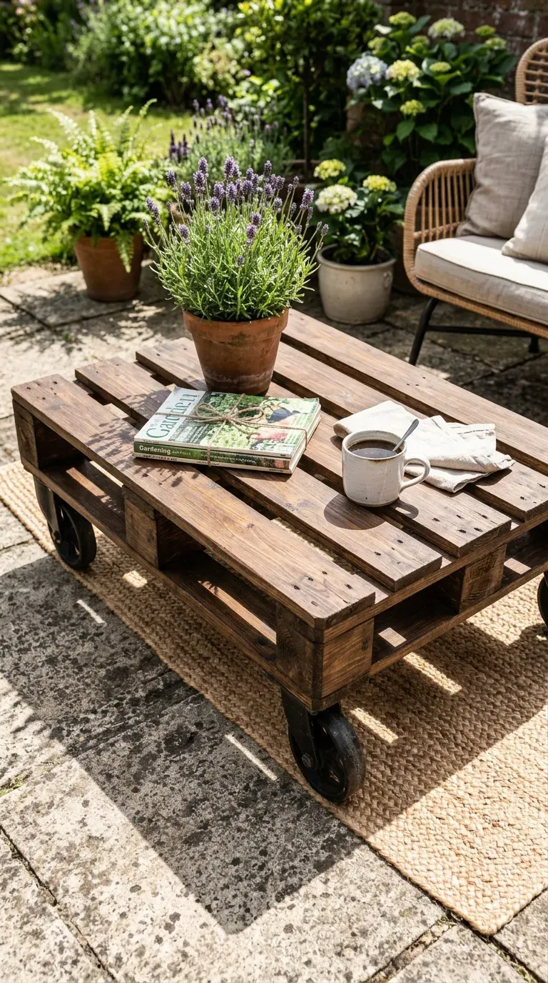 15 Genius DIY Patio Ideas You Need to Try 7 Rustic wooden pallet coffee table with industrial metal wheels on a patio