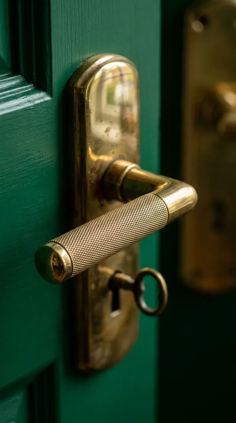 13 Genius Interior Door Makeovers You Need to Try 5 Close-up of a heavy knurled brass door lever on an emerald green painted door