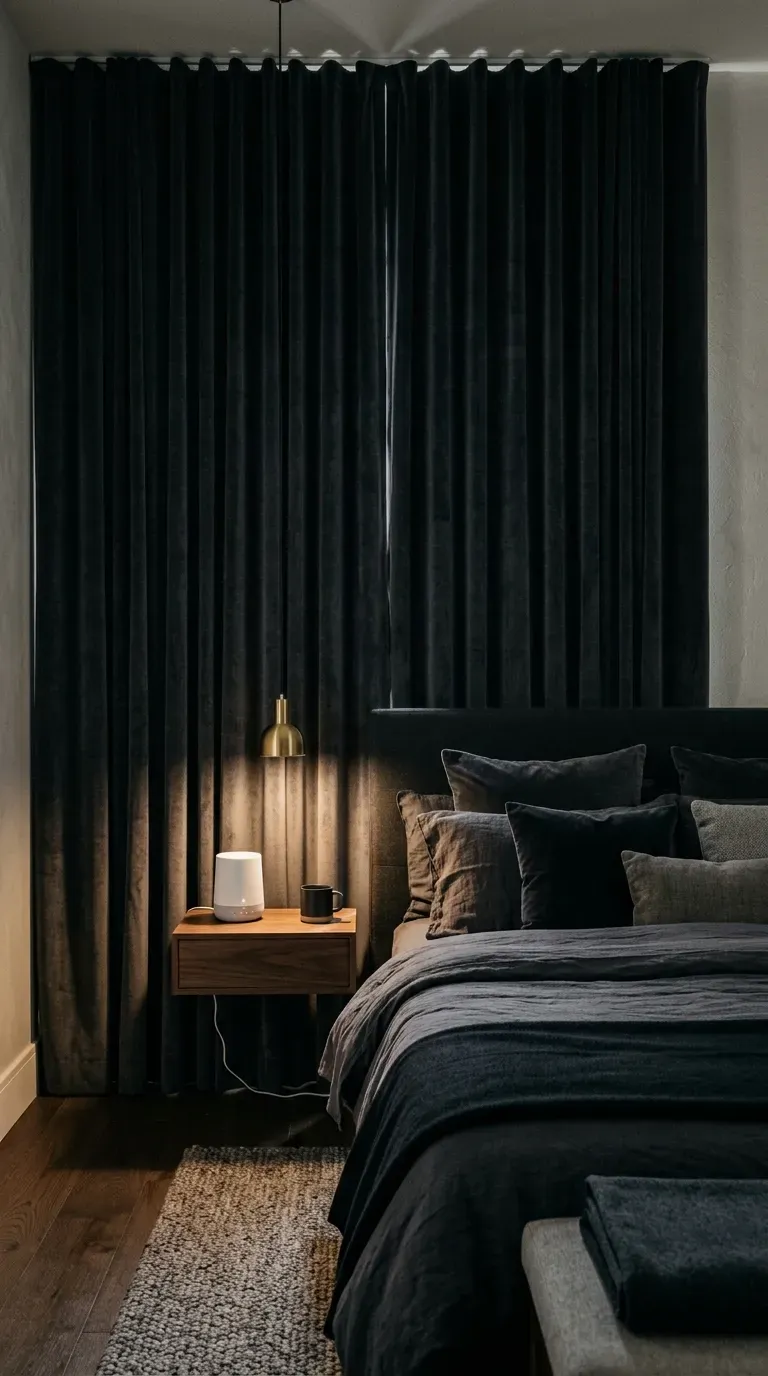 Heavy floor-to-ceiling dark velvet blackout curtains in a moody bedroom