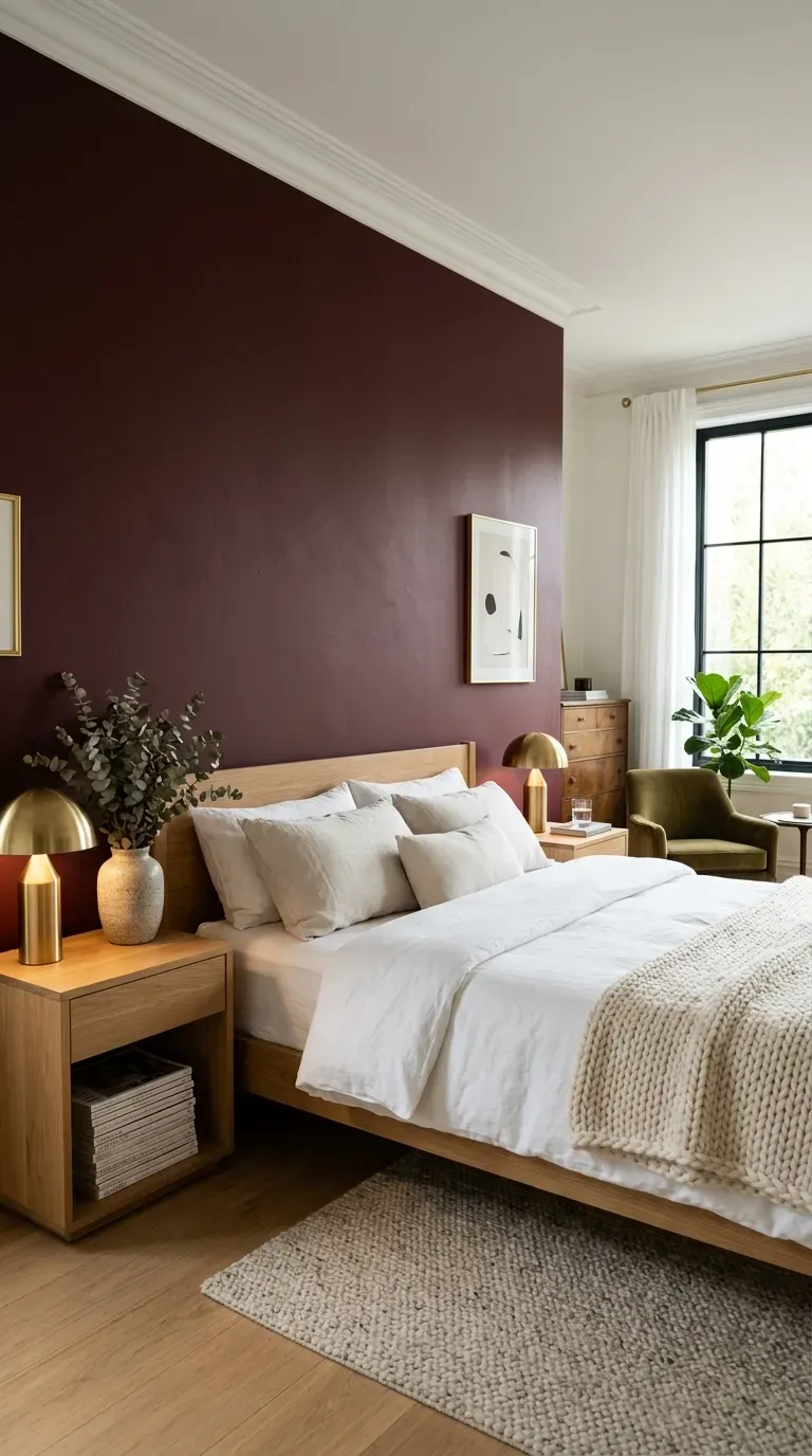 A luxurious bedroom featuring a deep matte burgundy accent wall