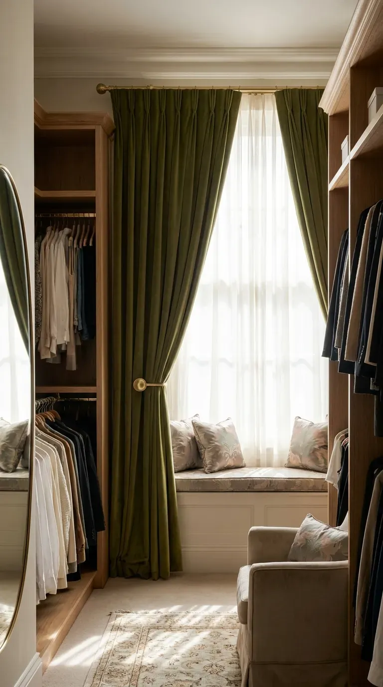 Heavy floor-to-ceiling olive green velvet drapes in a sunny dressing room