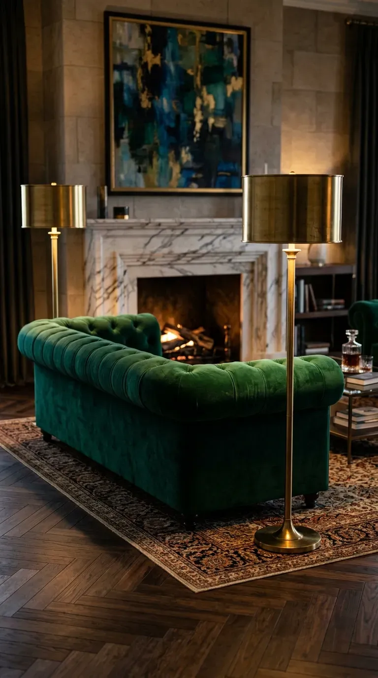 15 Genius Modern Living Room Designs You Need to See 5 A luxurious living room featuring an emerald green velvet sofa and brass accents