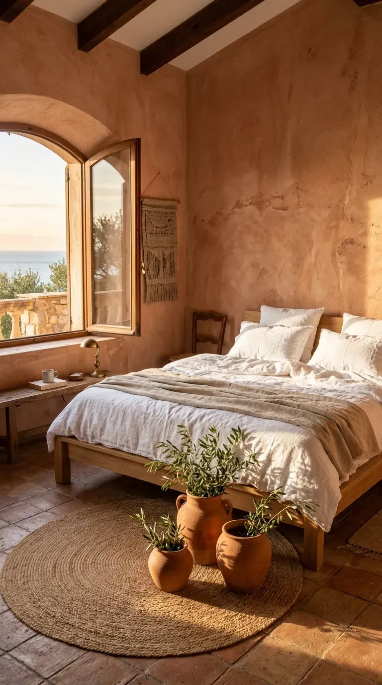 15 Genius Colorful Bedroom Ideas You Need to Try 5 A warm Mediterranean bedroom featuring terracotta plaster walls and white linens