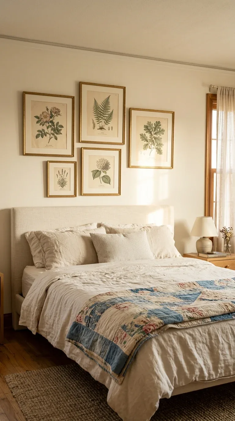 15 Vintage Bedroom Designs for a Cozy Retreat 9 A gallery wall of antique botanical prints in gold frames above a vintage bedroom headboard