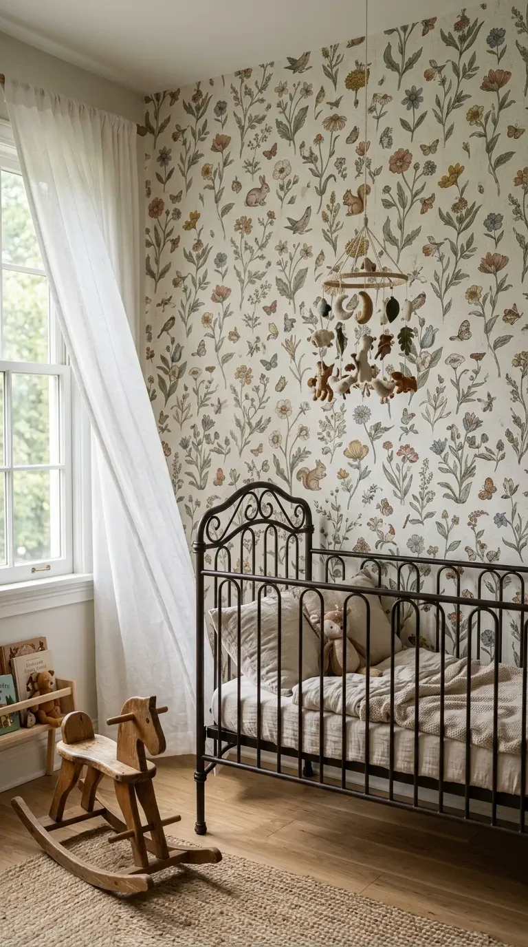 12 Aesthetic Kids Bedroom Ideas for a Dreamy Space 6 Vintage botanical wallpaper behind an iron crib