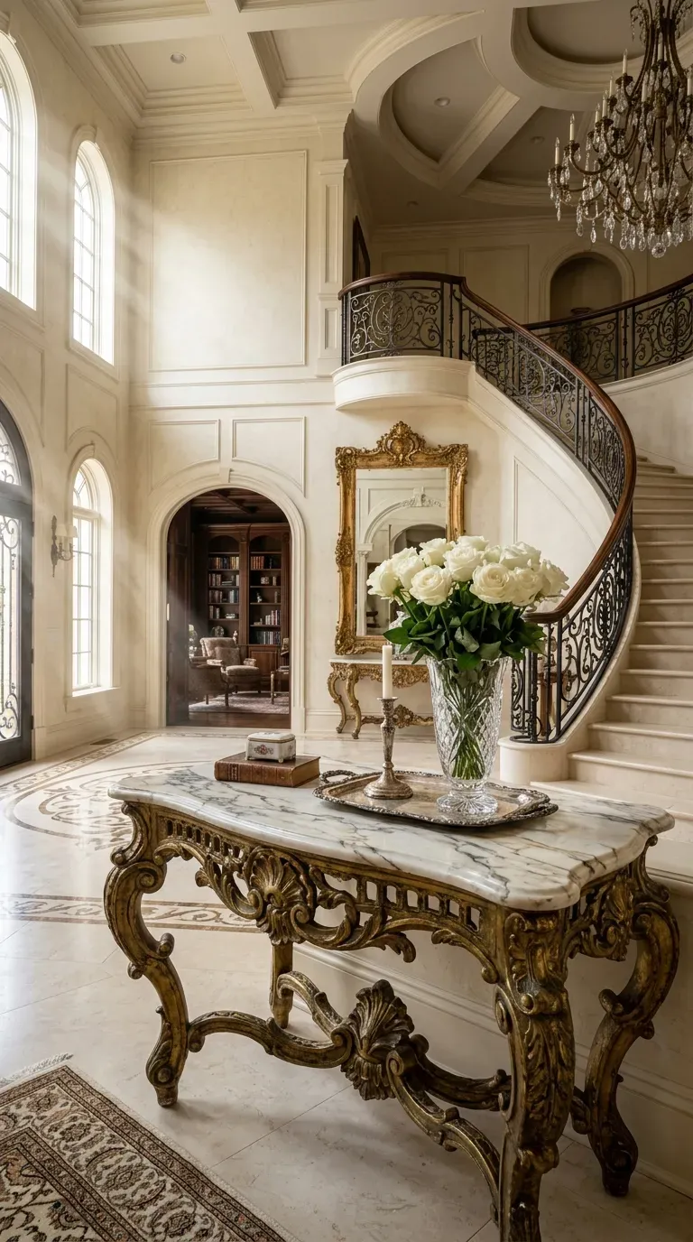 Luxurious antique brass and white marble console table in a foyer