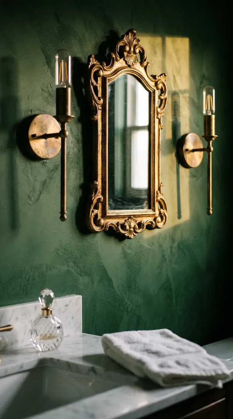 12 Gorgeous Powder Room Ideas for a Stunning Space 4 Unlacquered vintage brass wall sconces next to an antique mirror