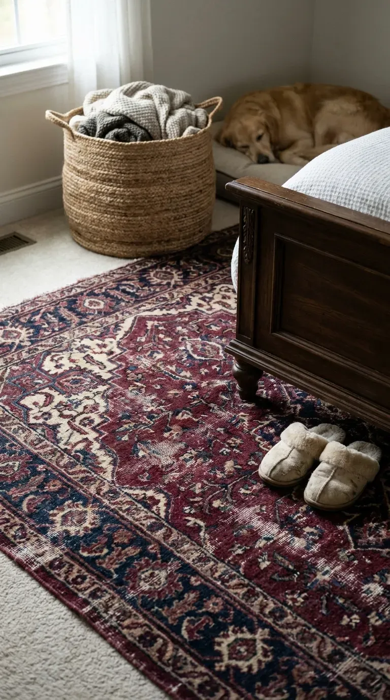 A beautifully distressed vintage Persian rug featuring deep burgundy tones