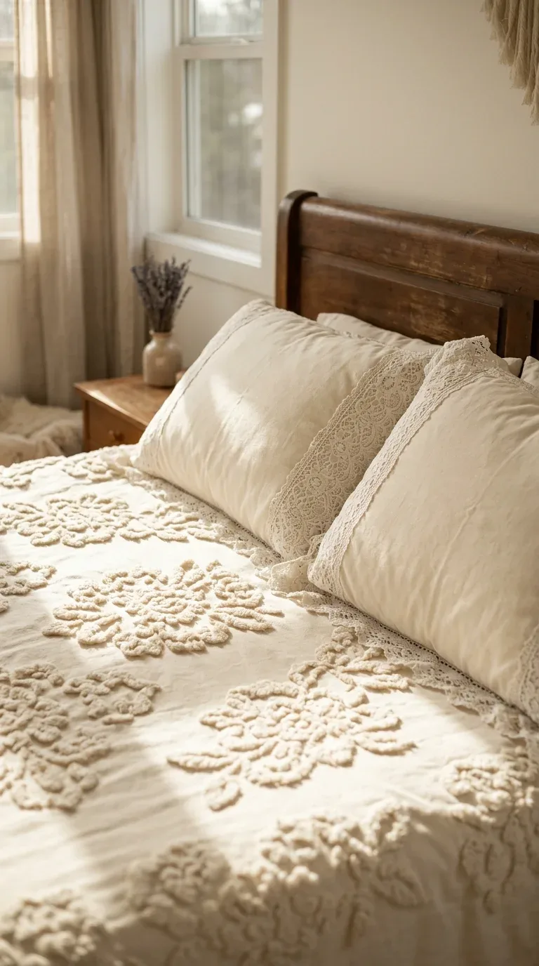 15 Vintage Bedroom Designs for a Cozy Retreat 16 A cream chenille bedspread with a tufted pattern dressing a vintage bedroom bed