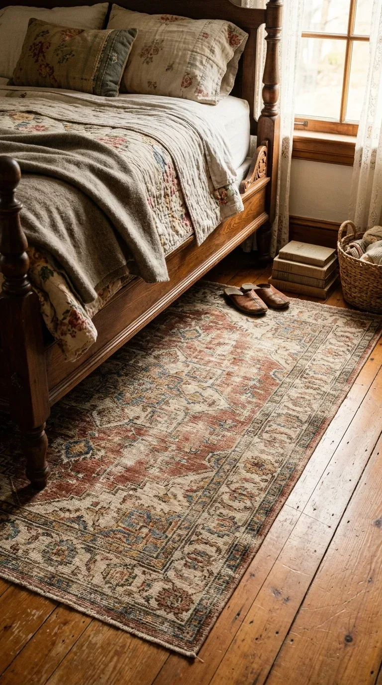 15 Vintage Bedroom Designs for a Cozy Retreat 14 A faded vintage-style area rug layered beneath a bed in a cozy vintage bedroom
