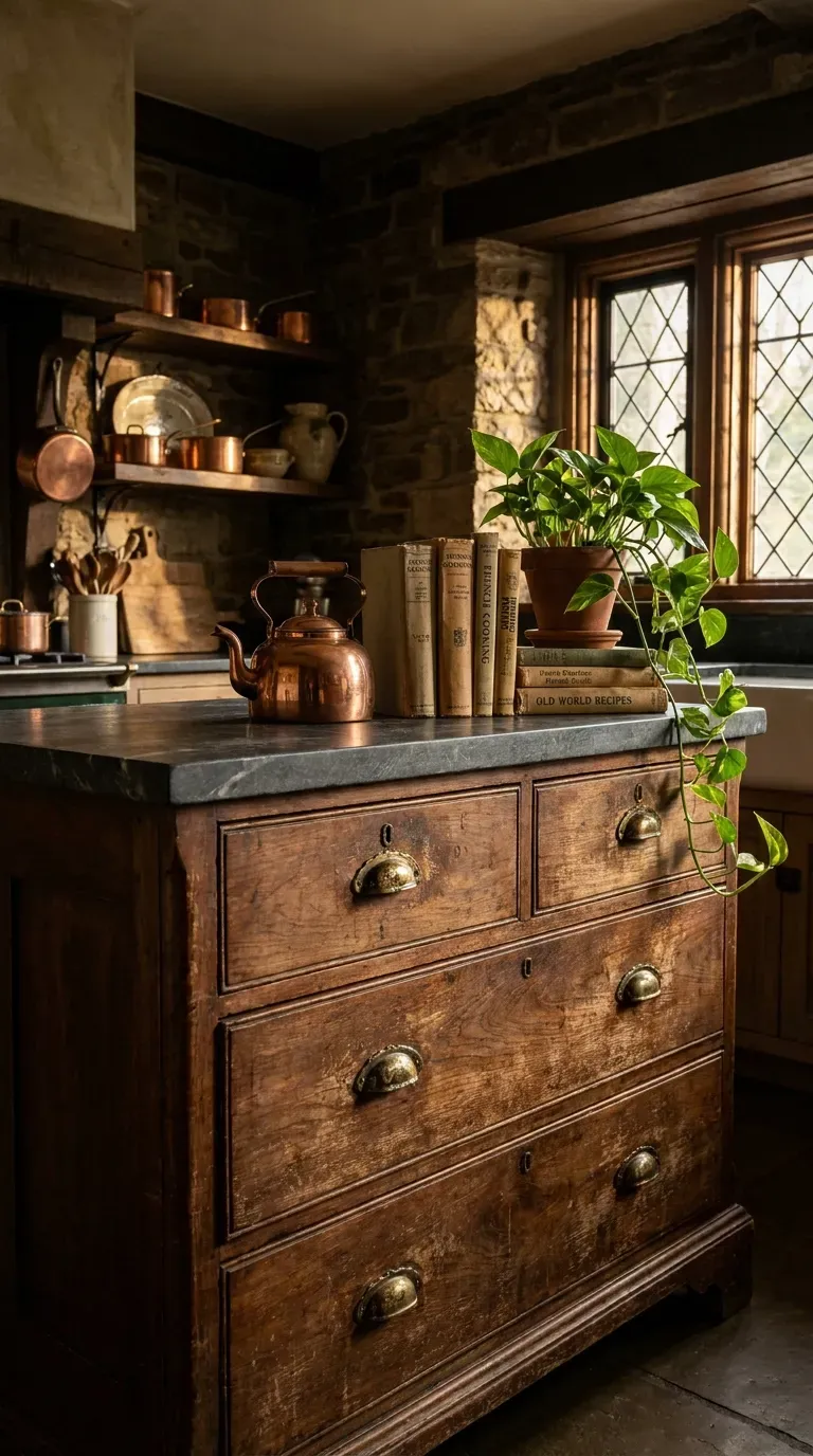 An antique wooden dresser repurposed as a charming kitchen island