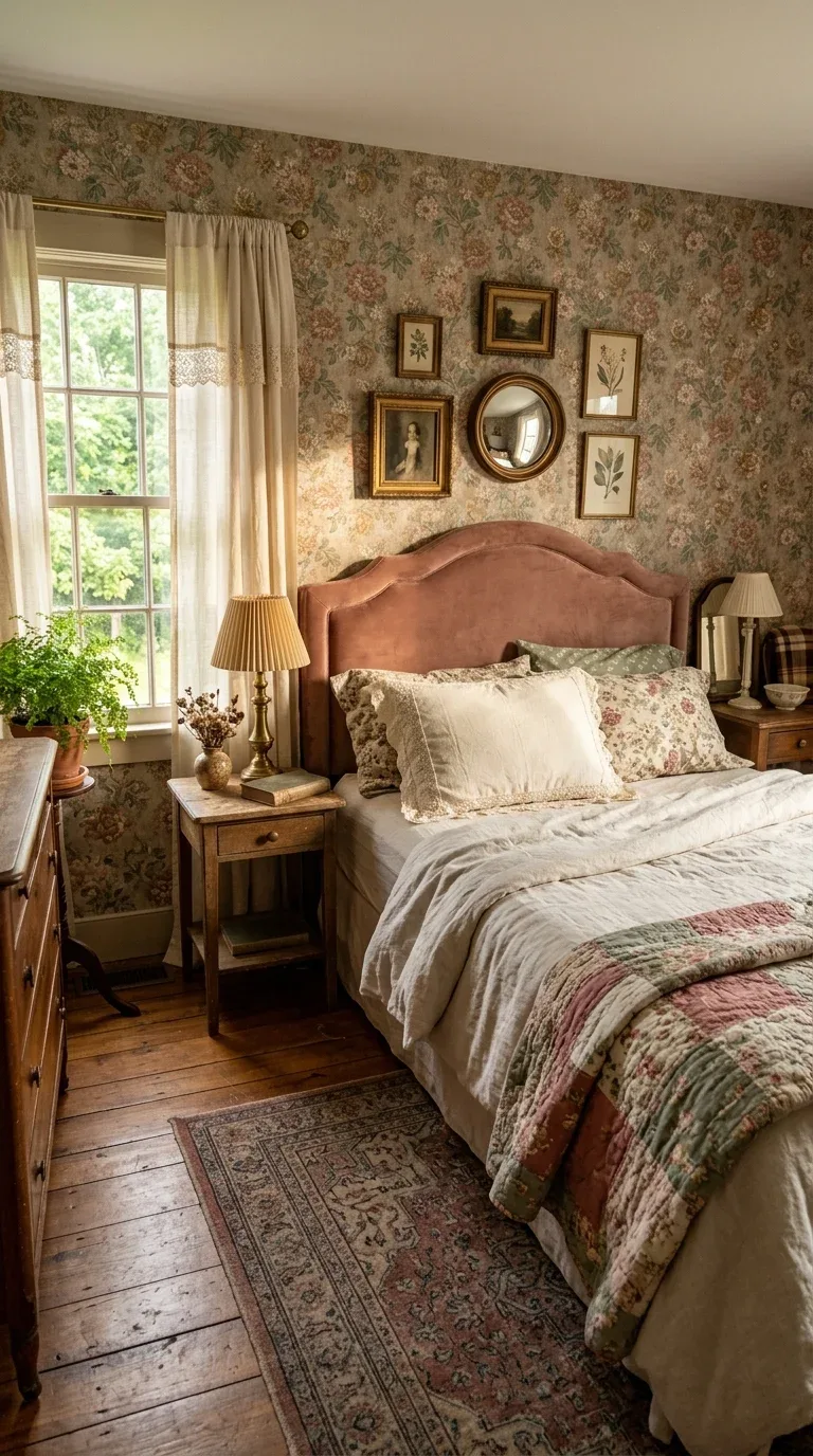15 Vintage Bedroom Designs for a Cozy Retreat 3 A faded vintage floral wallpaper accent wall behind a bedroom headboard