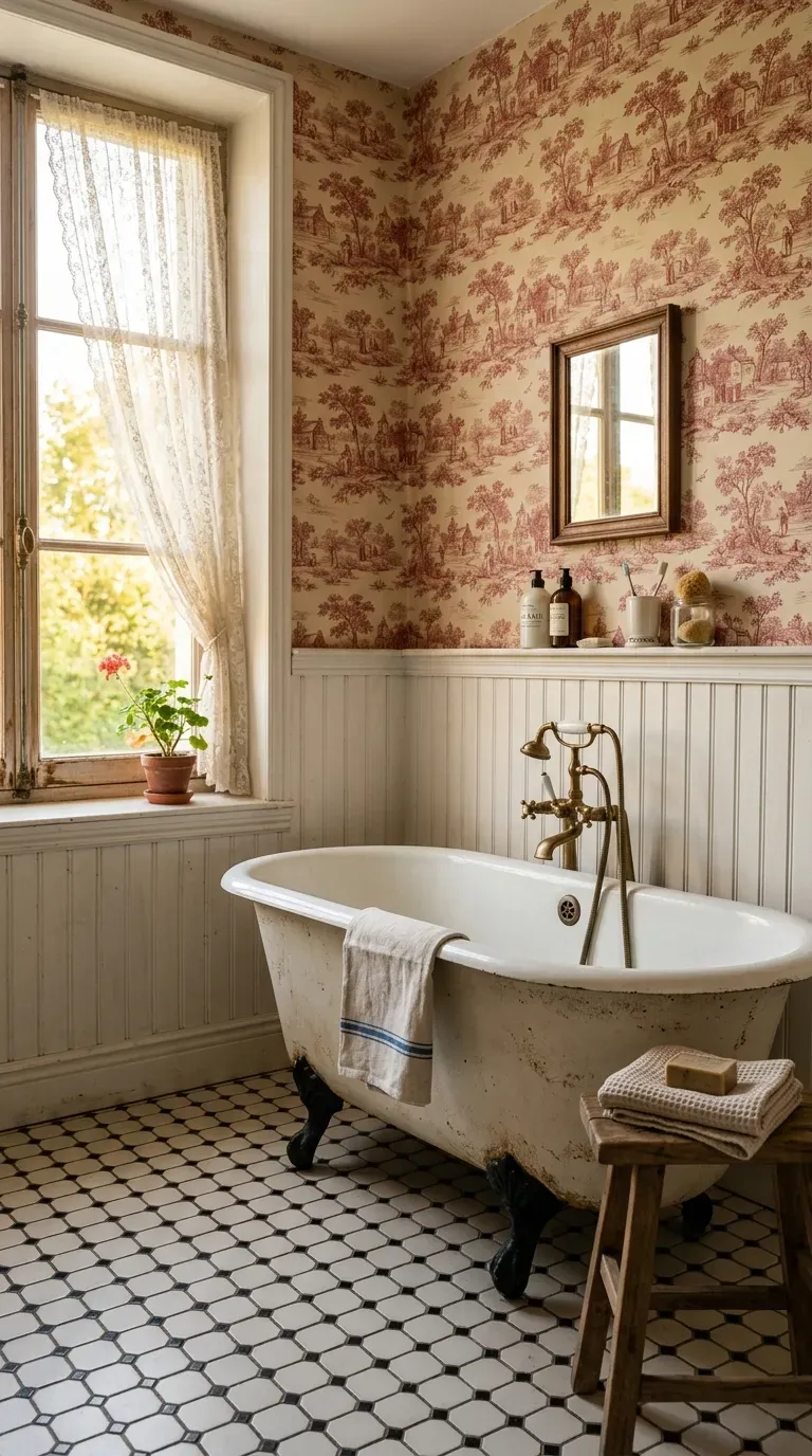 10 Must-Try Bathroom Wallpaper Ideas That Look Expensive 7 A historic bathroom with wainscoting and red French pastoral toile wallpaper