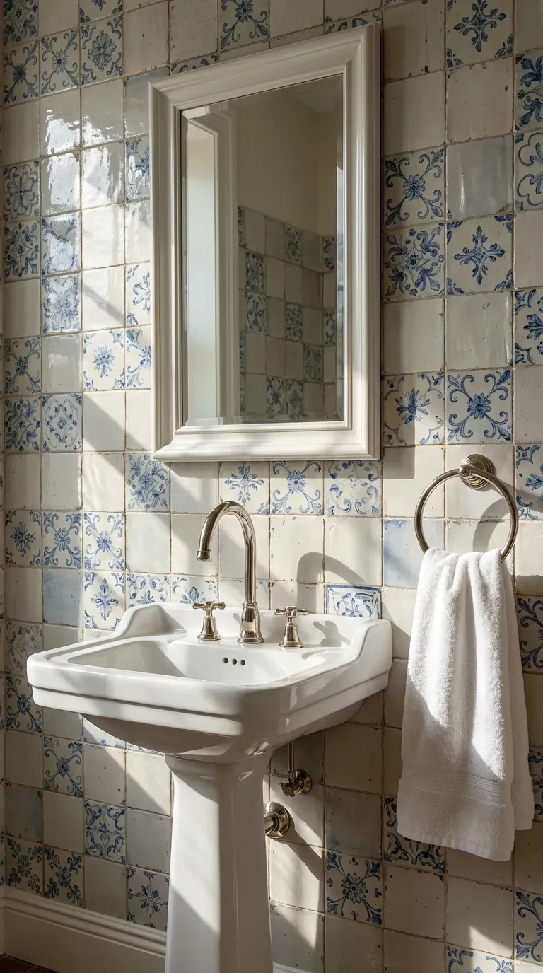 12 Aesthetic Bathroom Decor Ideas for a Gorgeous Space 10 A bathroom wall featuring delicate blue and white hand-painted vintage tiles