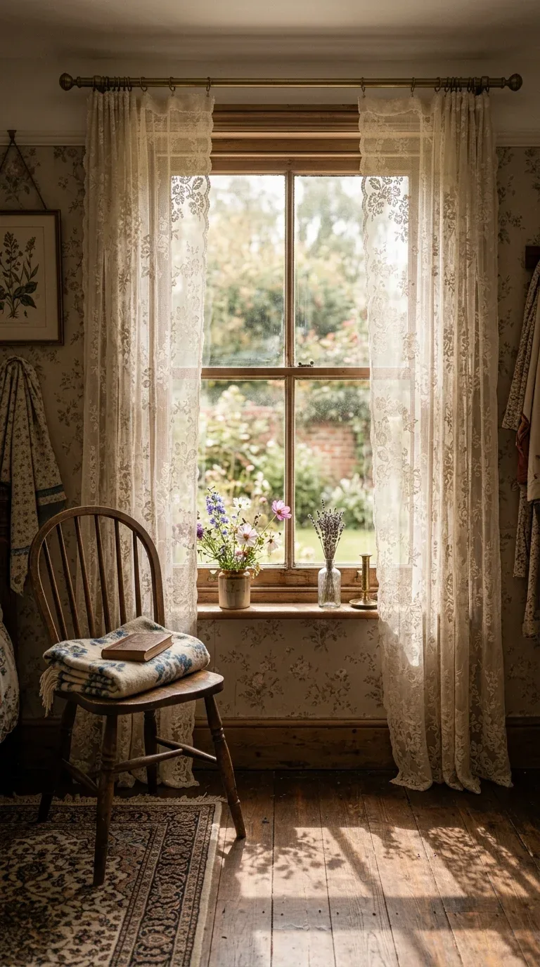 15 Vintage Bedroom Designs for a Cozy Retreat 7 Delicate vintage lace curtains filtering soft light into a cozy vintage bedroom