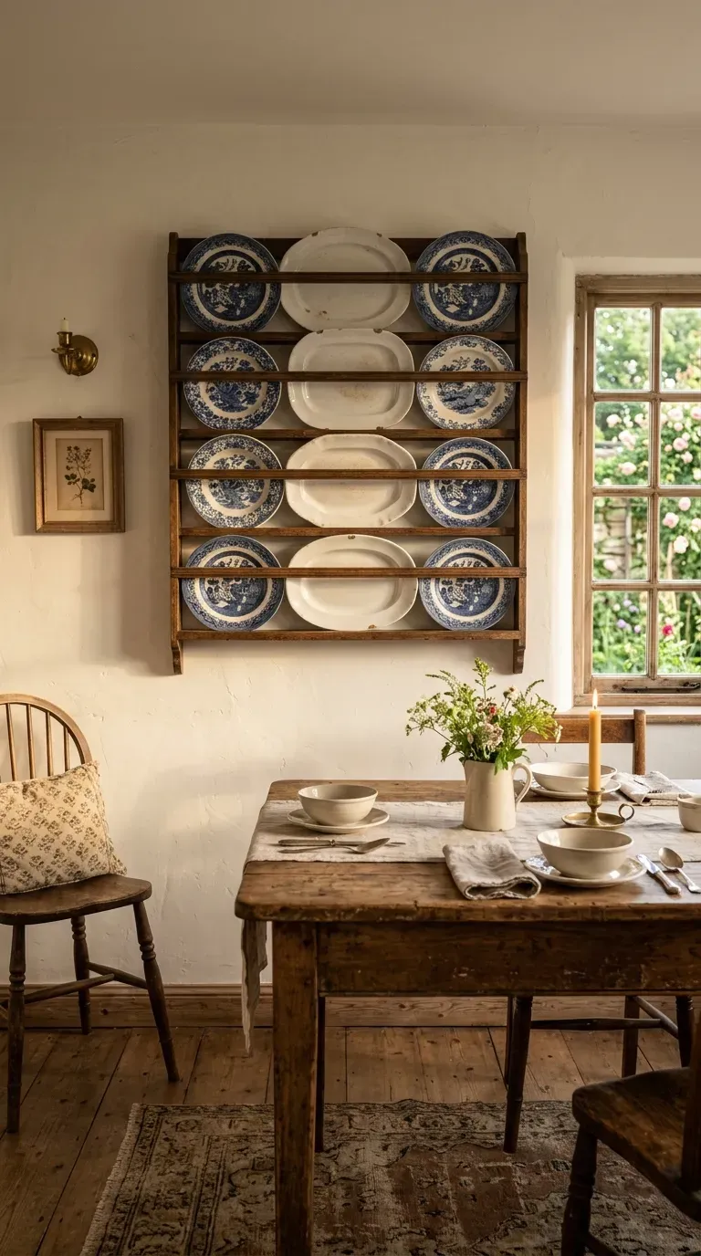 12 Aesthetic Dining Room Wall Decor Styles to Copy Today 12 A rustic dining room wall featuring a wooden rack displaying ceramic plates