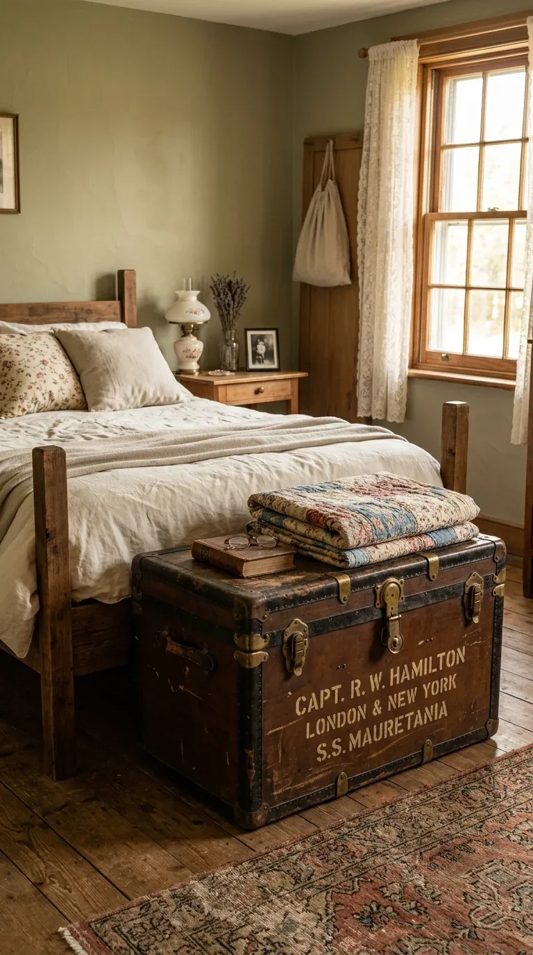 15 Vintage Bedroom Designs for a Cozy Retreat 12 An antique steamer trunk with original hardware used as storage at the foot of a bed