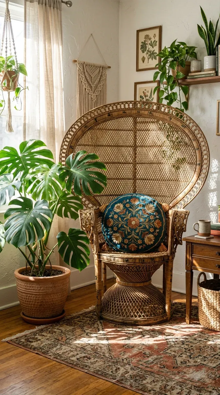 15 Genius Bohemian Home Decor Ideas You Need to Try 13 A majestic vintage wicker peacock chair in a sunlit corner