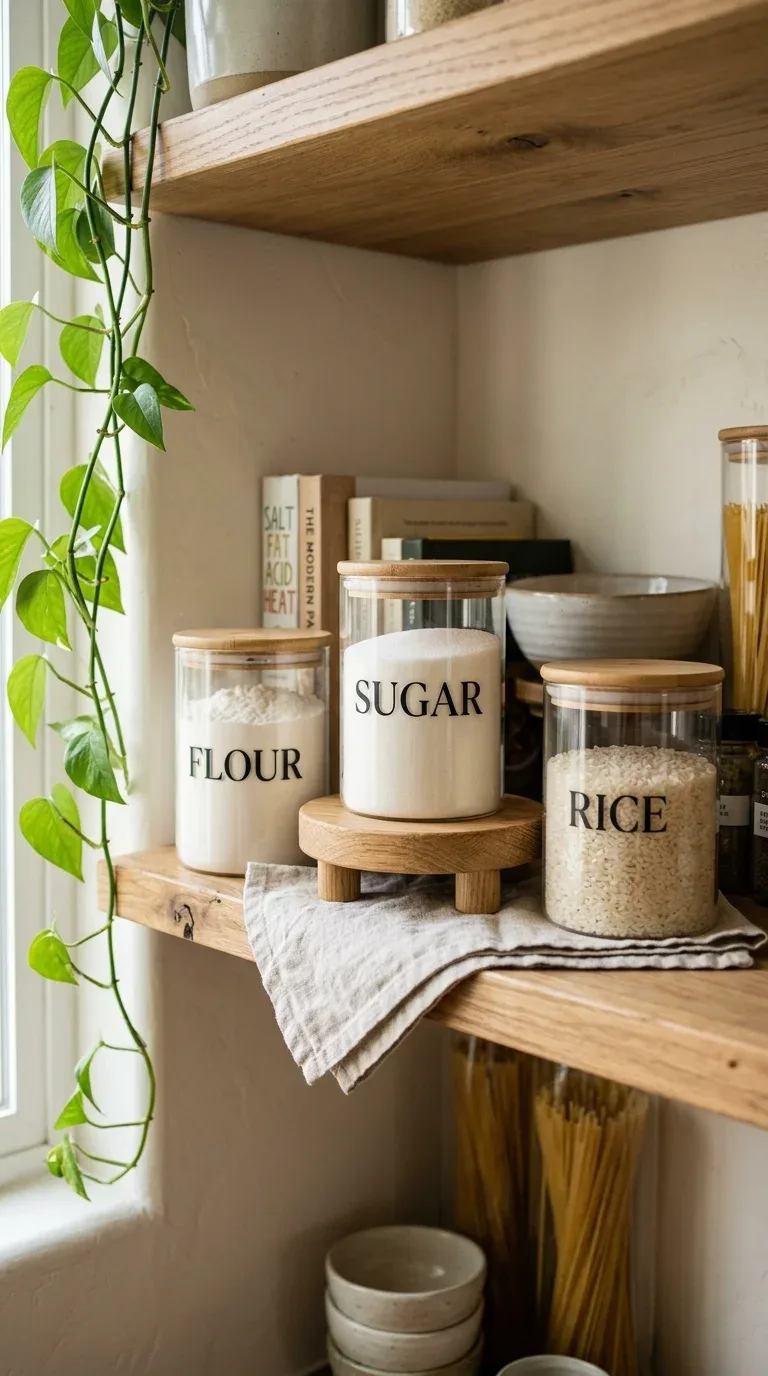 21 Easy Cricut Home Decor Projects You'll Love 2 Glass kitchen canisters labeled with matte black vinyl lettering from a Cricut machine