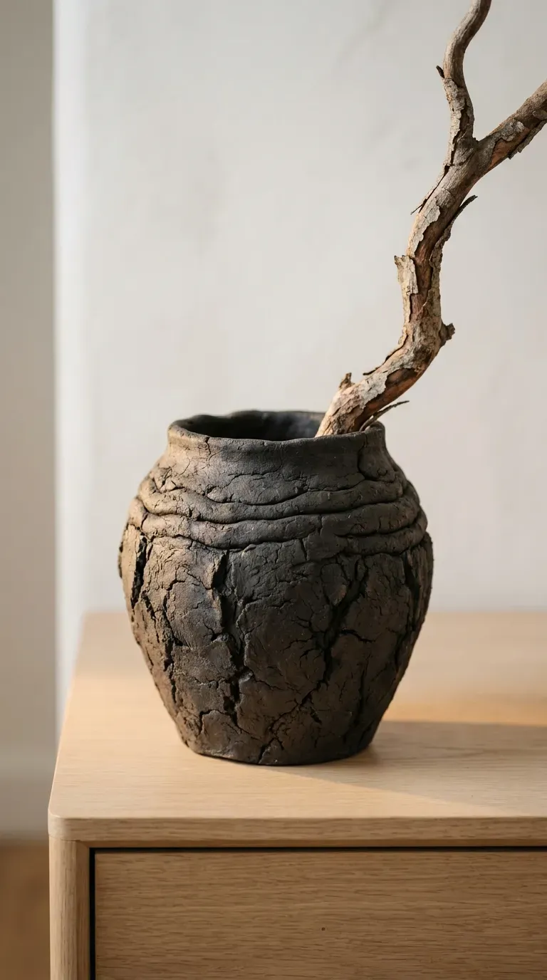 A beautifully imperfect textured clay vase on a minimalist wooden dresser