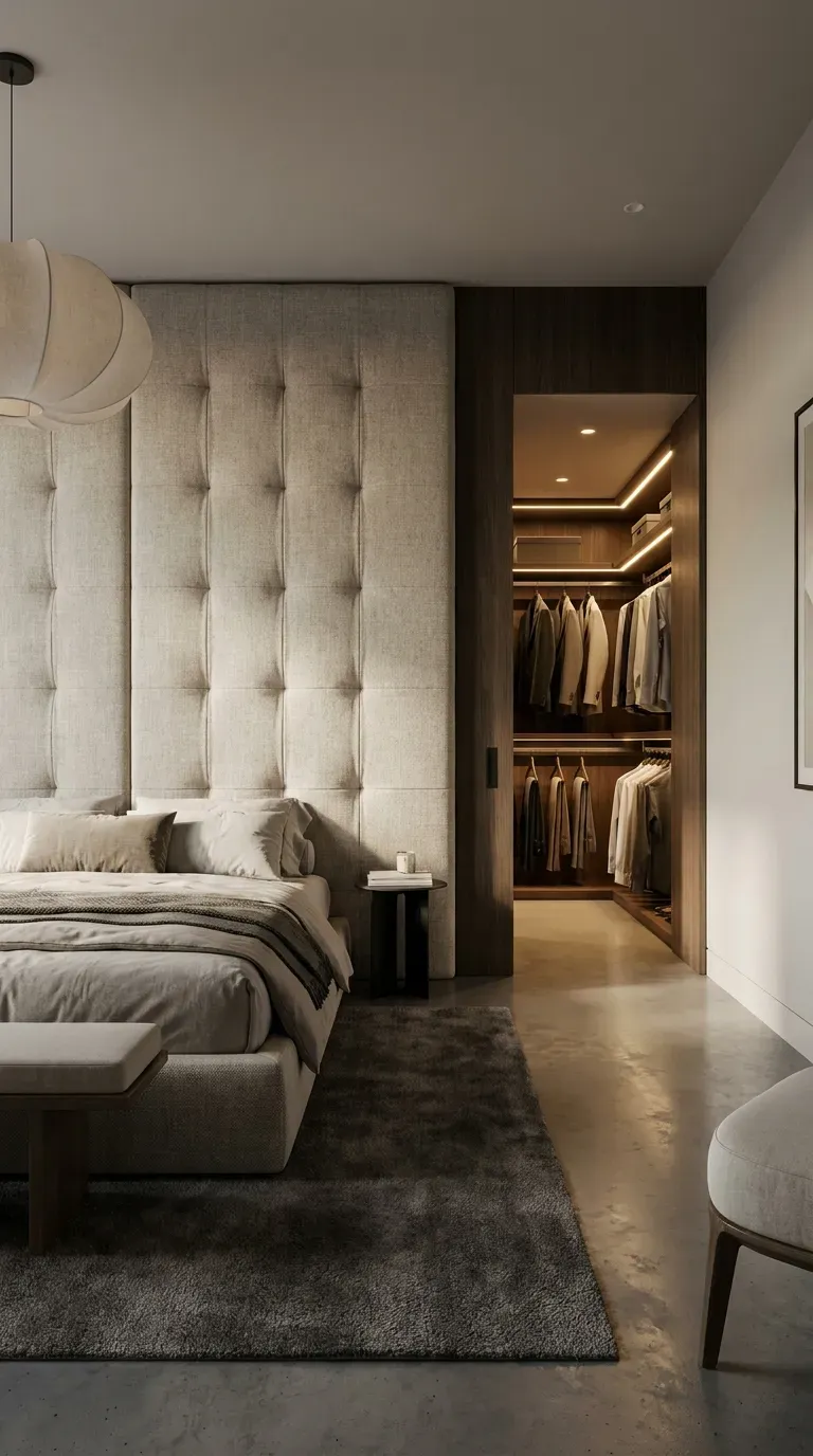 A false wall headboard hiding a walk-through closet behind it