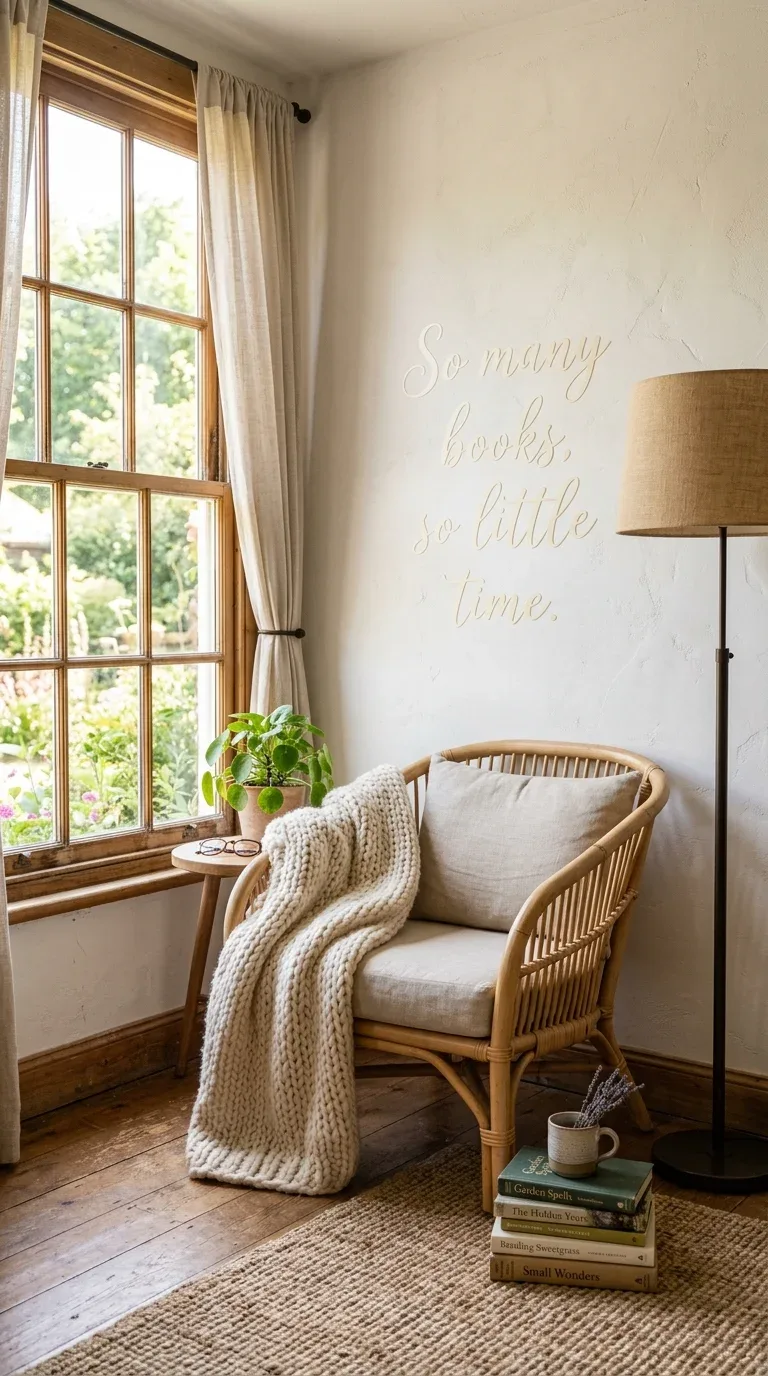 21 Easy Cricut Home Decor Projects You'll Love 9 A vinyl script quote decal applied directly to a bedroom wall above a reading nook