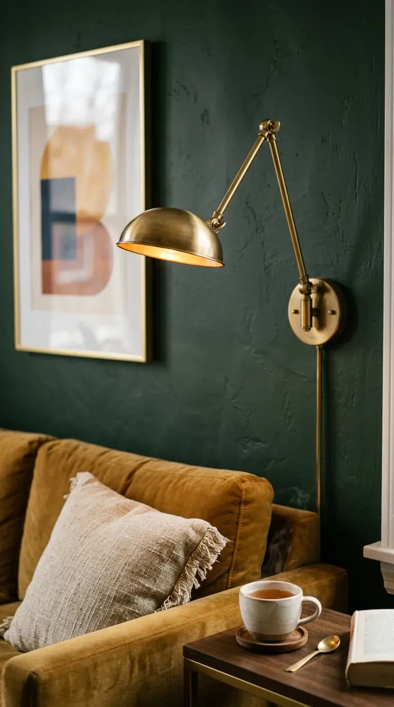 13 Genius Small Apartment Living Rooms You Need to Copy 7 Brass wall sconce above a small apartment sofa