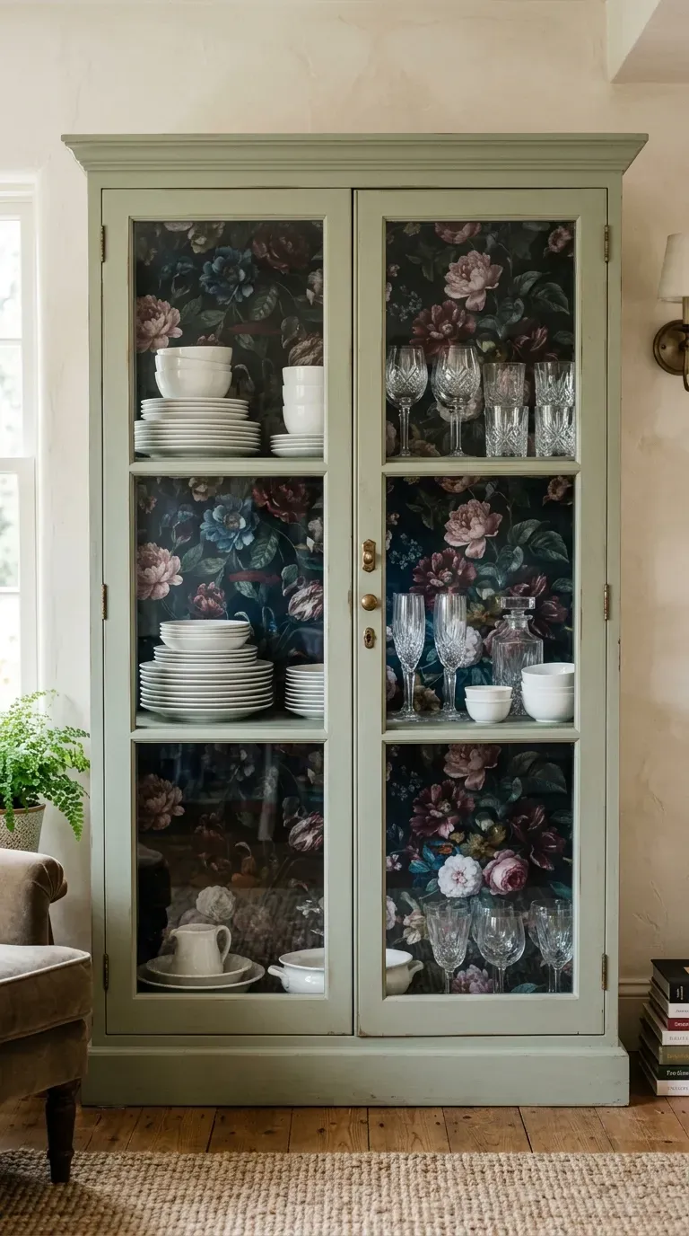 A vintage glass hutch with the back panel lined in dark floral wallpaper