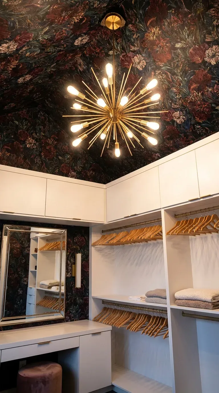 A dressing room with a dark, moody floral wallpapered ceiling