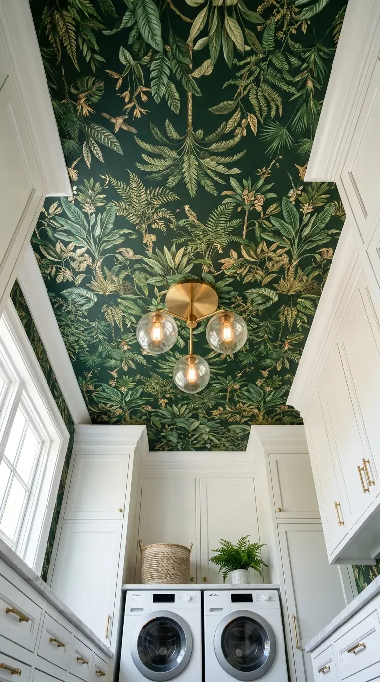 A stylish laundry room looking up at a bold botanical wallpapered ceiling