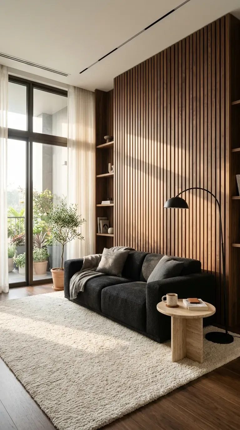 12 Black and Brown Living Room Designs That Will Transform Your Home 3 Floor-to-ceiling walnut slat wall behind a plush charcoal black sofa