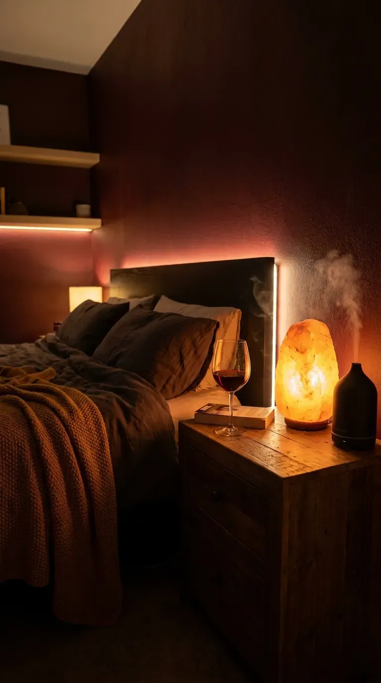 A moody burgundy bedroom illuminated entirely by warm amber ambient lamps
