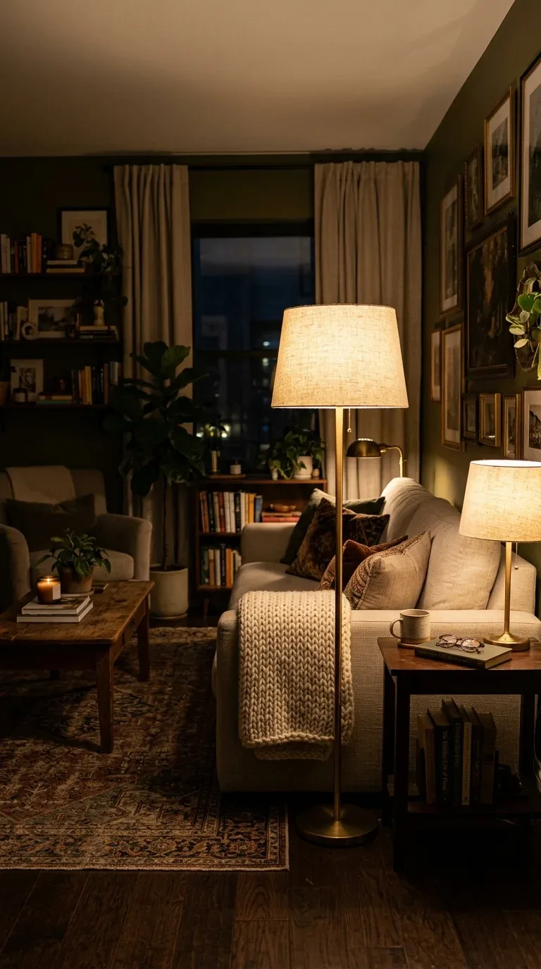 A living room lit with warm golden lightbulbs creating a cozy evening glow