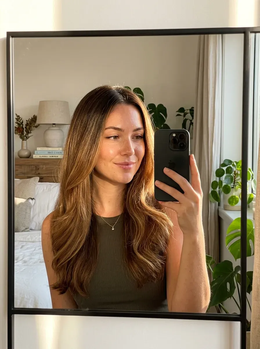 7 Caramel Hair Color Ideas That Add Warmth, Shine, and Dimension 6 Woman with a warm caramel hair color melt taking an iPhone mirror selfie.
