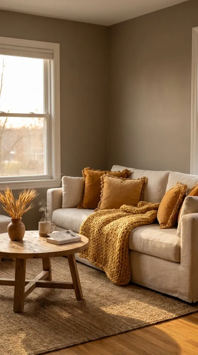 12 Genius Yellow and Gray Color Combo Ideas You Need to Try 13 A cozy living space with warm greige walls and layered honey yellow textiles