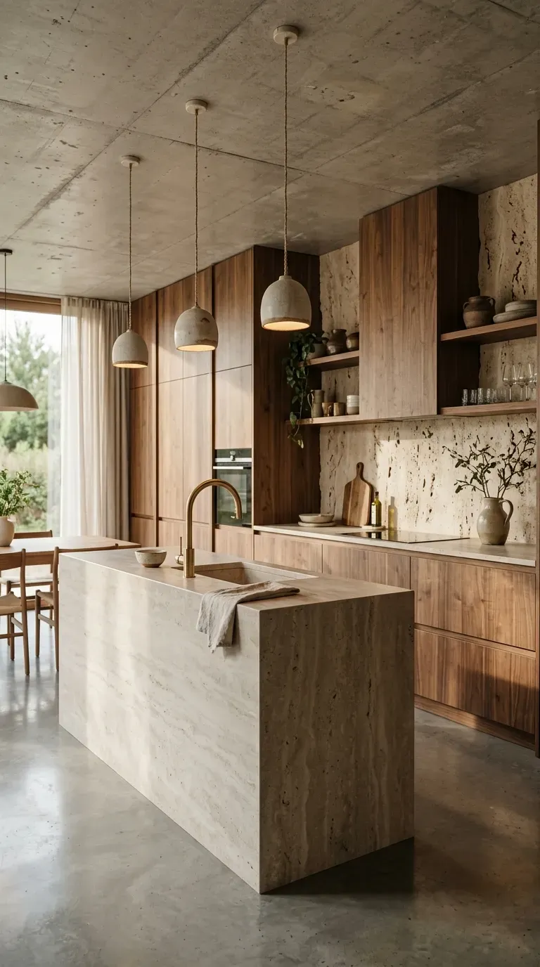 A warm minimalist open kitchen with walnut cabinets and stone accents