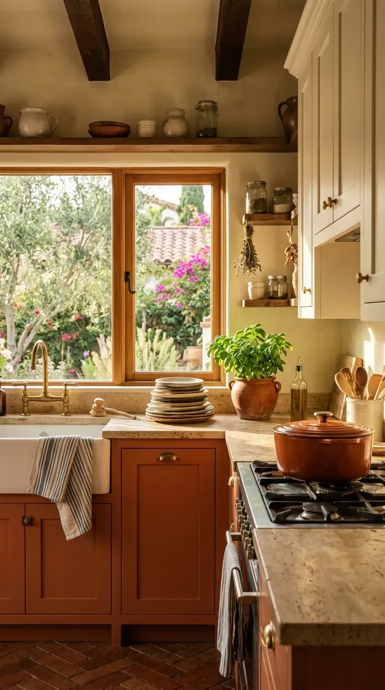 14 Genius Kitchen Color Palette Ideas You Need to Try 3 Two-toned kitchen with terracotta lower cabinets and creamy white upper cabinets