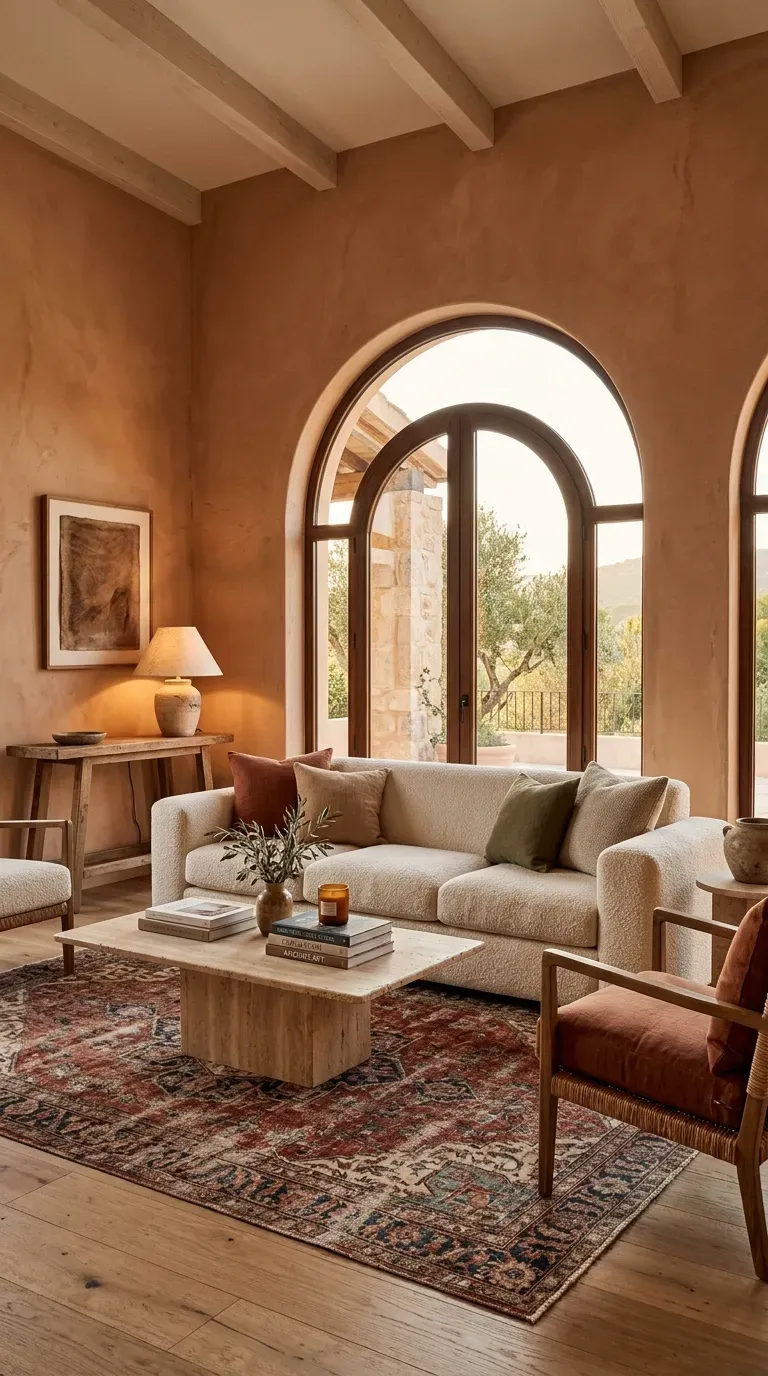15 Genius Living Room Paint Color Ideas You Need to Try 2 A warm terracotta painted living room with a cream bouclé sofa