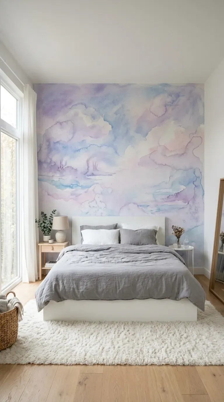 15 Genius Colorful Bedroom Ideas You Need to Try 16 A dreamy bedroom with a custom pastel watercolor mural behind a modern white bed
