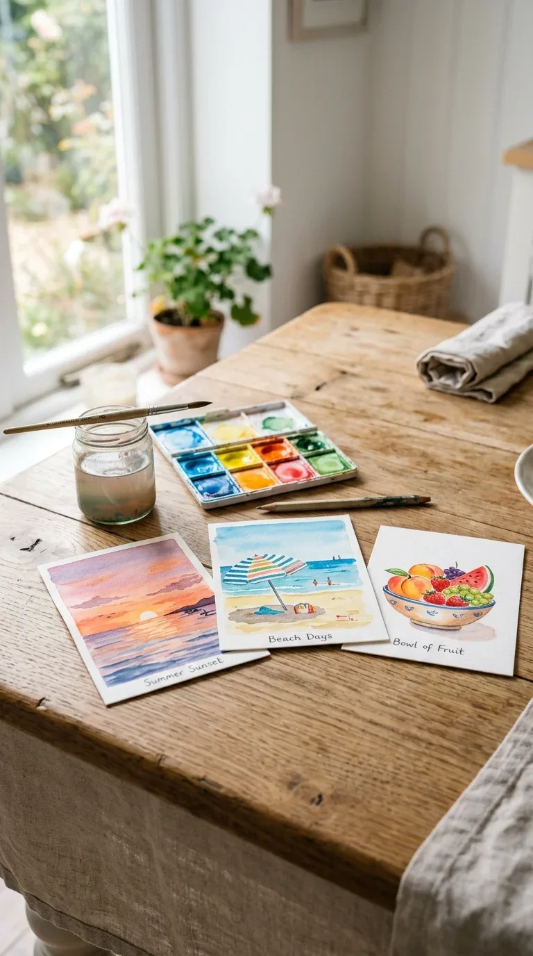 18 Fun Summer Craft Activities for Any Age 9 Hand-painted watercolor postcards depicting summer scenes drying on a wooden table