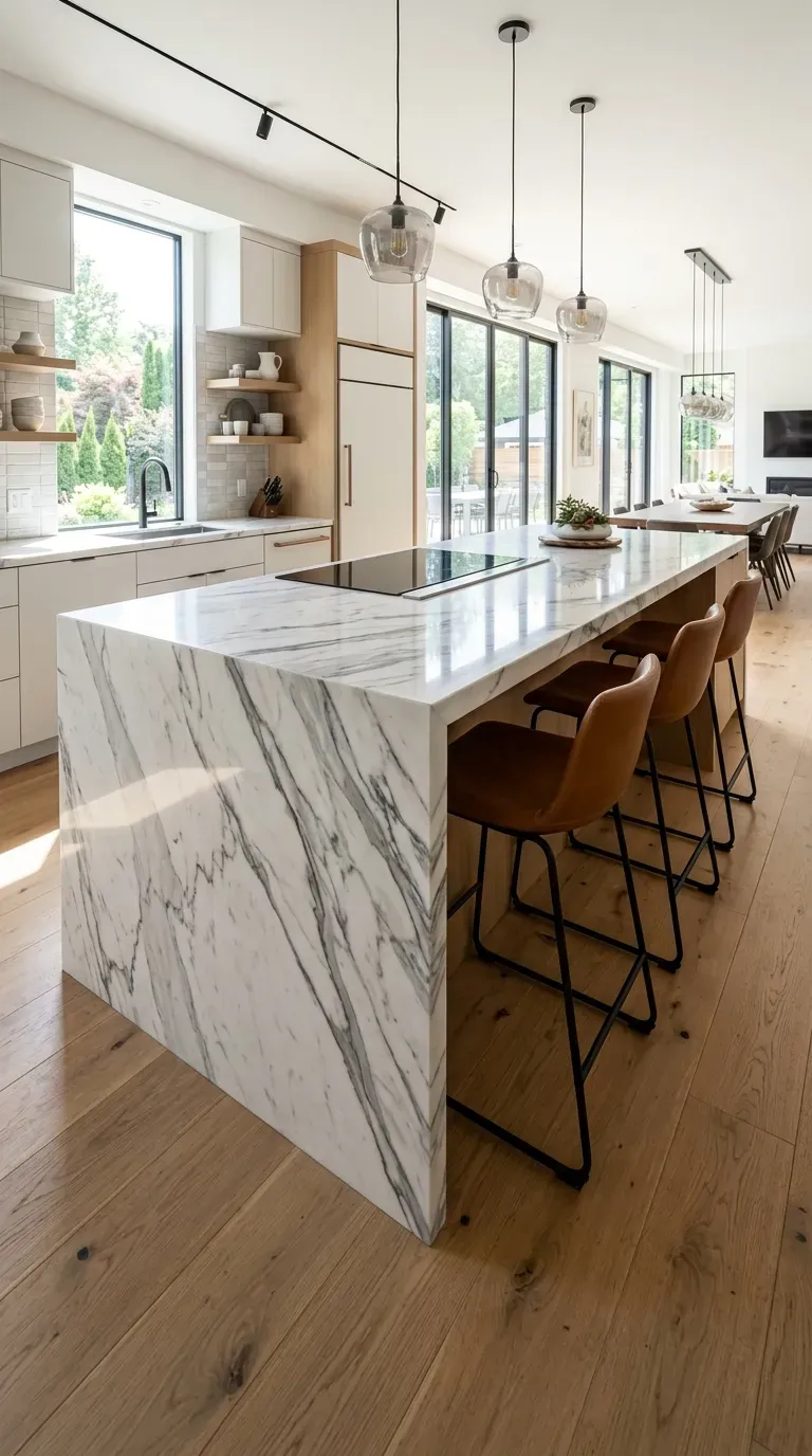 A kitchen featuring a seamless waterfall edge island with dramatic grey veining