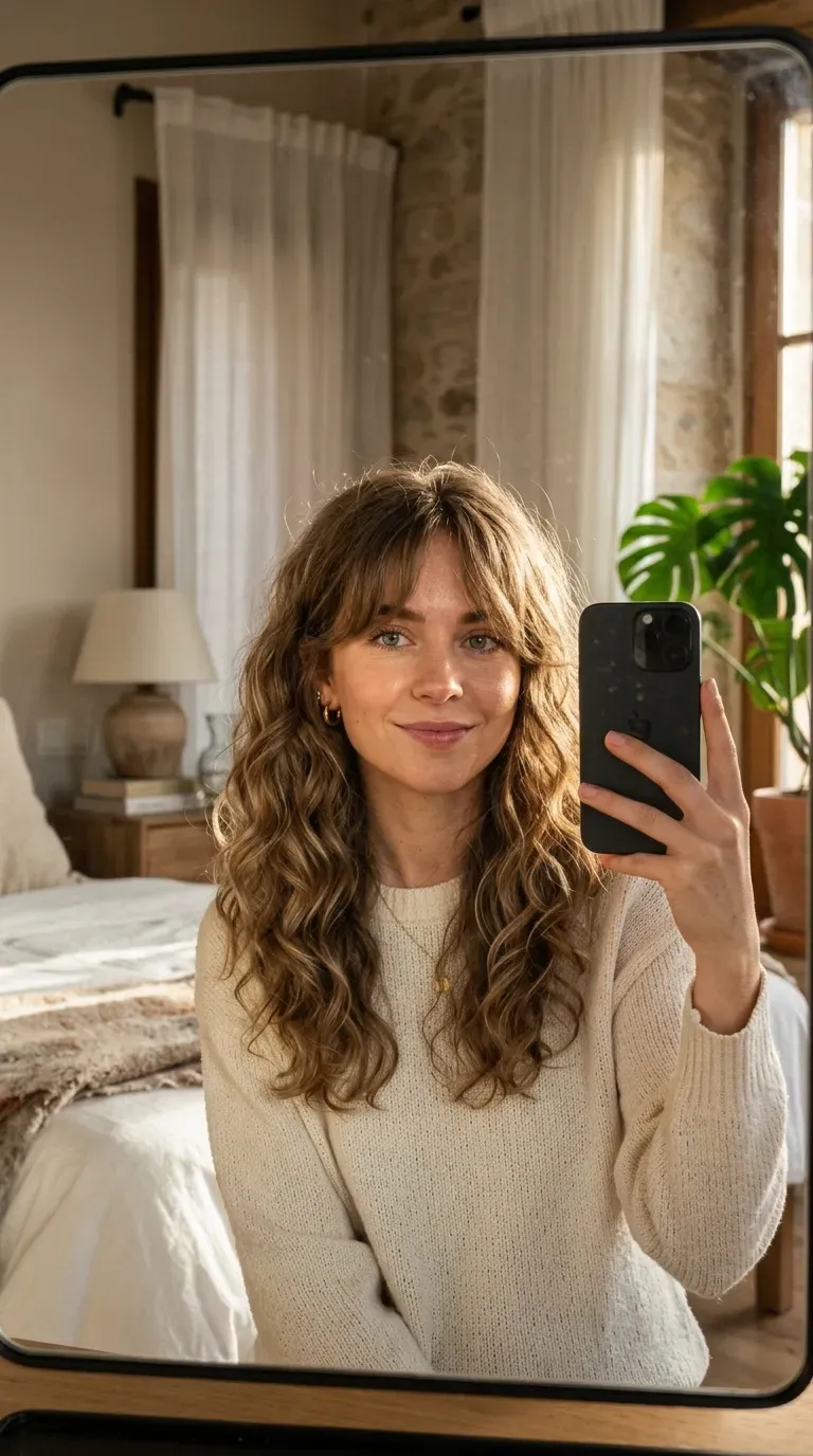 7 Kitty Cut Hairstyle Ideas That Are Soft, Trendy, and Effortlessly Chic 5 Woman with a wavy kitty cut taking an iPhone mirror selfie.