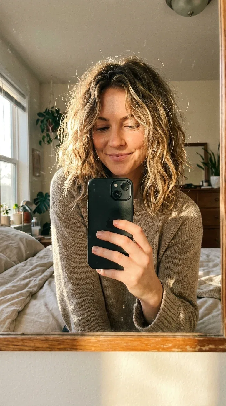 Woman with a wavy shaggy lob taking an iPhone mirror selfie.
