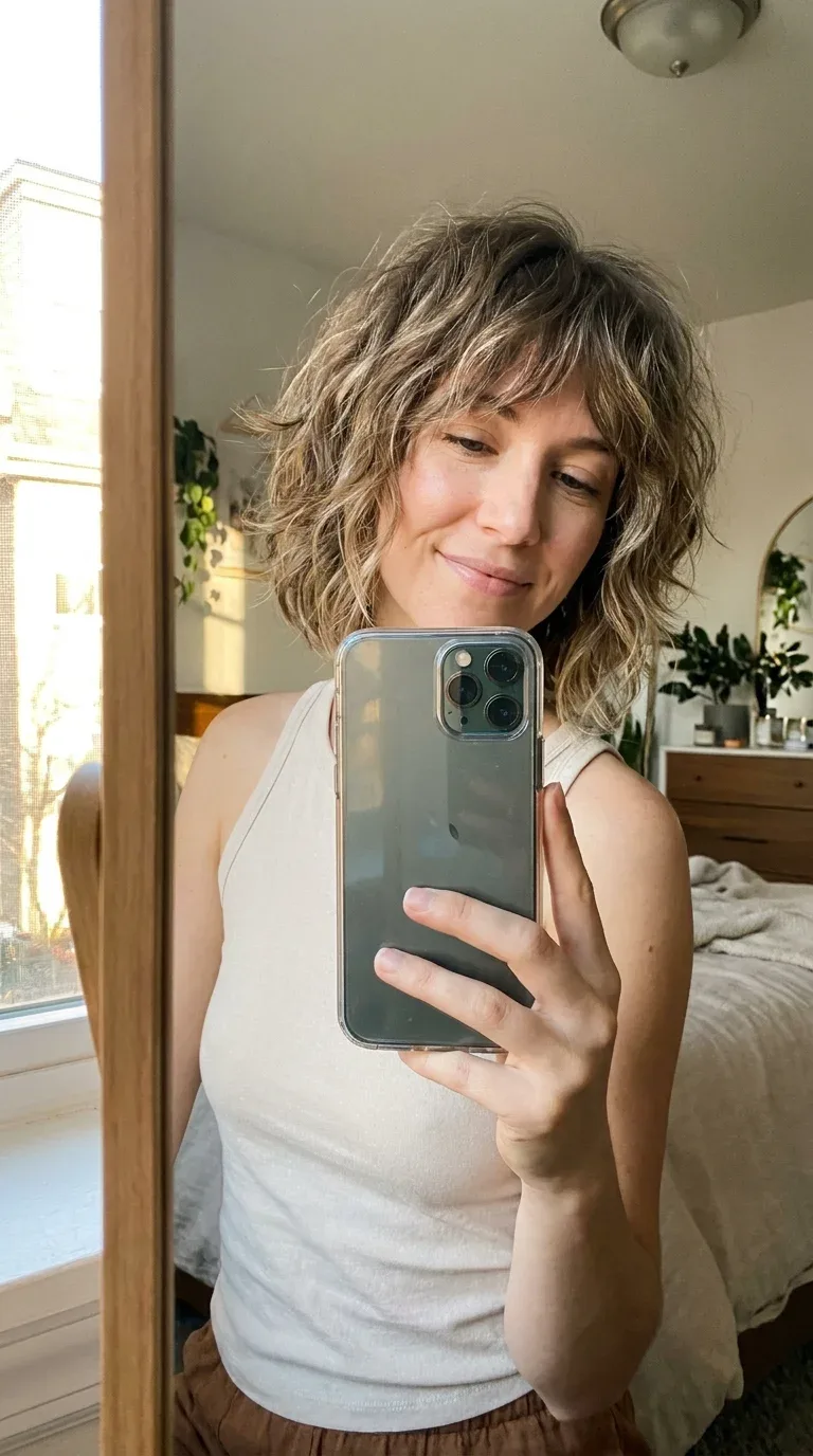 Woman with a wavy shaggy short haircut taking an iPhone mirror selfie.