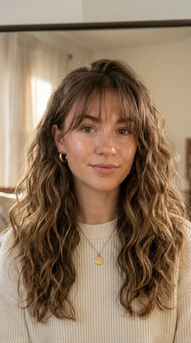 7 Wispy Bangs Haircut Ideas That Are Soft, Chic, and Effortlessly Stylish 7 Woman with wavy hair and wispy bangs taking an iPhone mirror selfie.