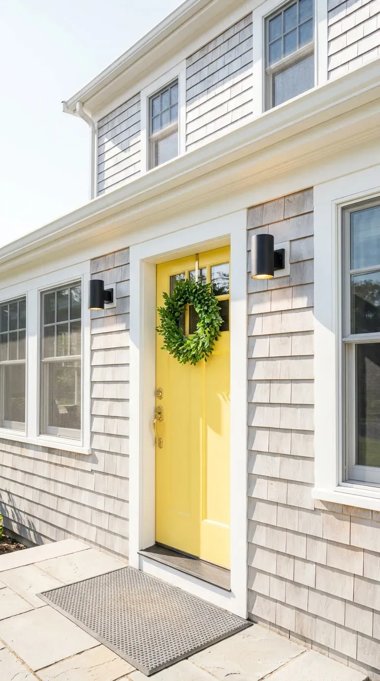 12 Genius Yellow and Gray Color Combo Ideas You Need to Try 11 A charming home exterior with weathered gray siding and a bright yellow door