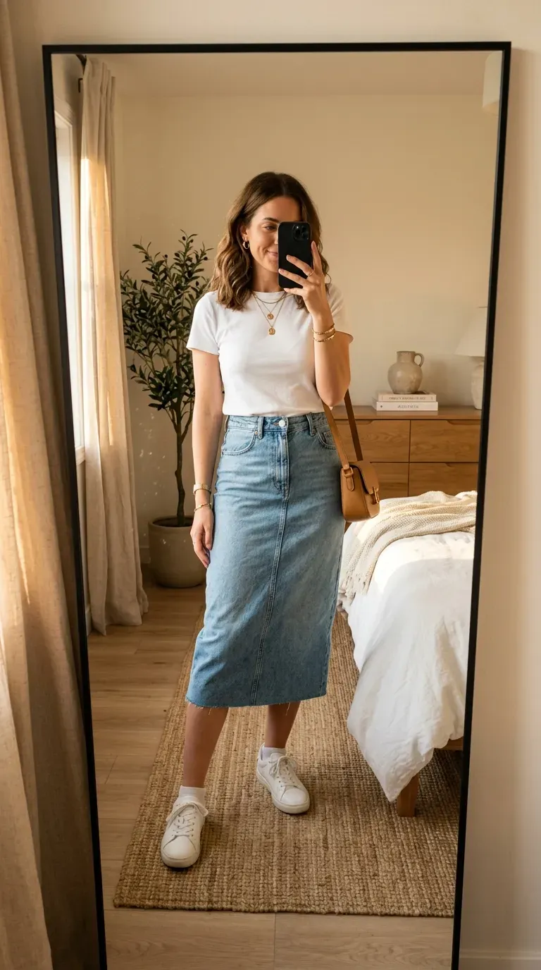 How to Style a Denim Skirt: 10 Chic Outfit Ideas You'll Want to Wear 2 Woman wearing a white fitted T-shirt with a denim skirt taking an iPhone mirror selfie.